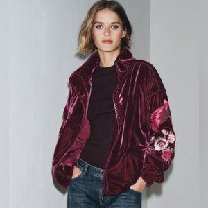 Zara Floral Embroidered Velvet Bomber